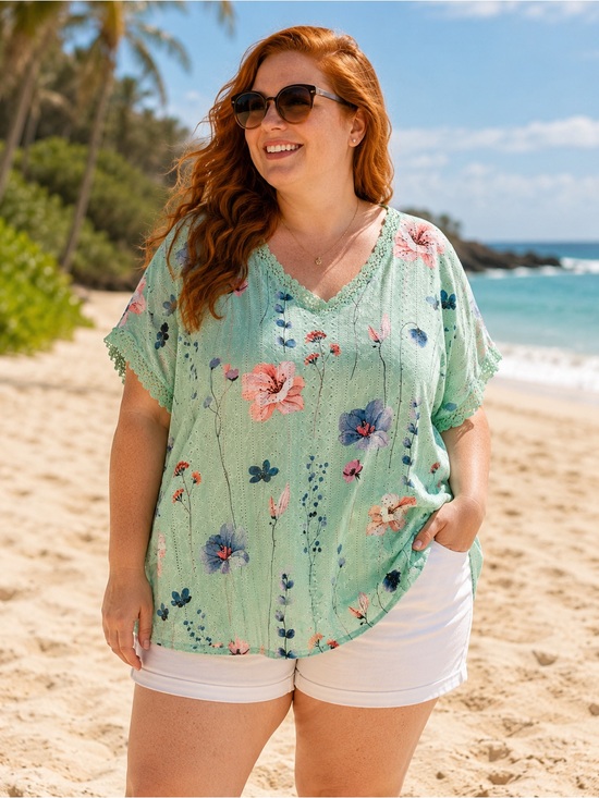 SHEIN Tops - SHEIN Mint Floral V-Neck Crochet-Trim Top